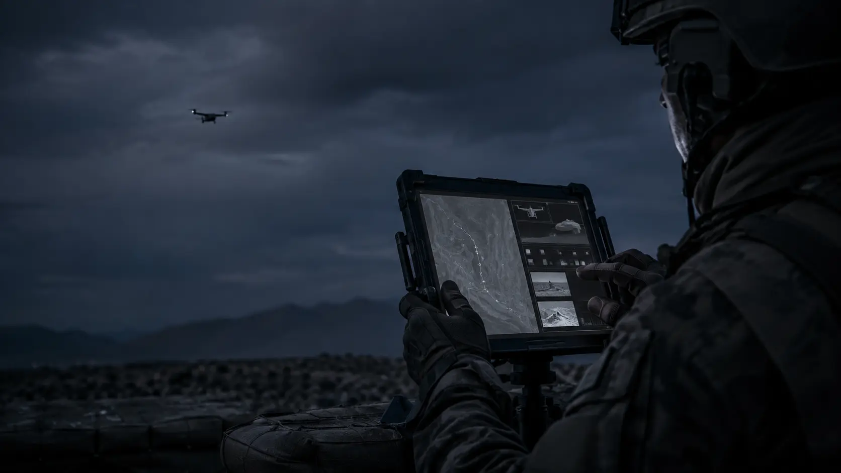 Fictional operator using a ruggedised JDI mission-control tablet