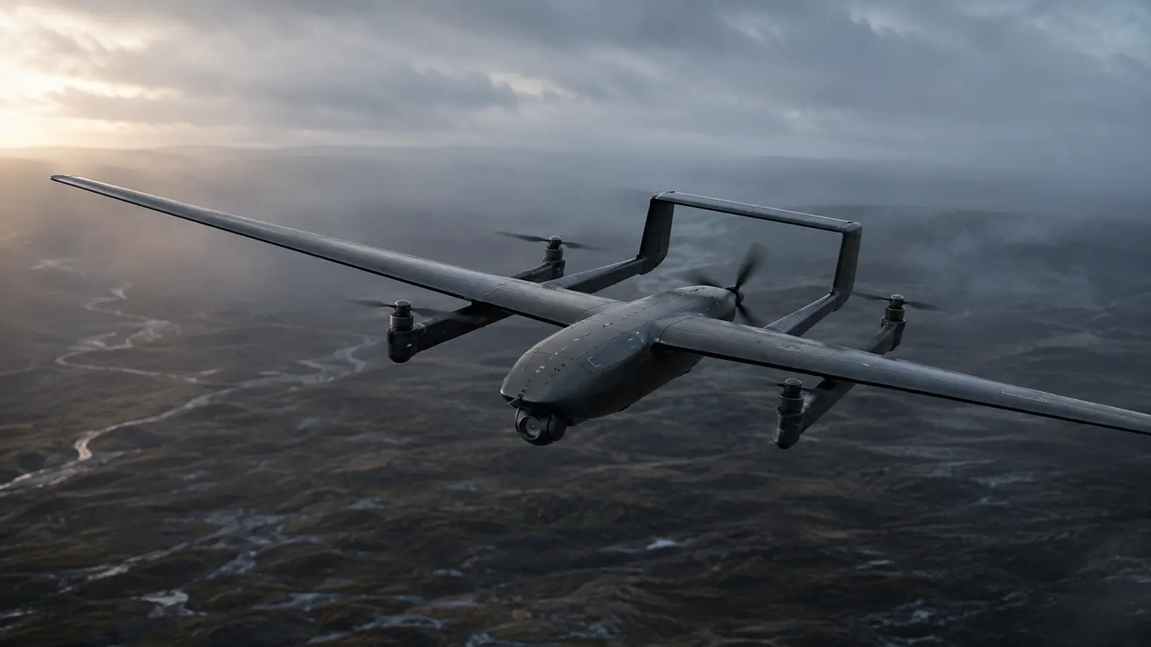 Fictional JDI Wraith uncrewed aircraft over a remote training area